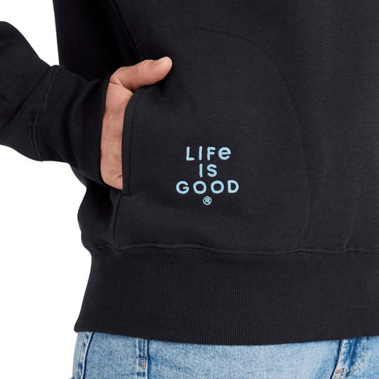 Black hooded sweatshirt with front pocket and light blue “LIFE IS GOOD” chest print