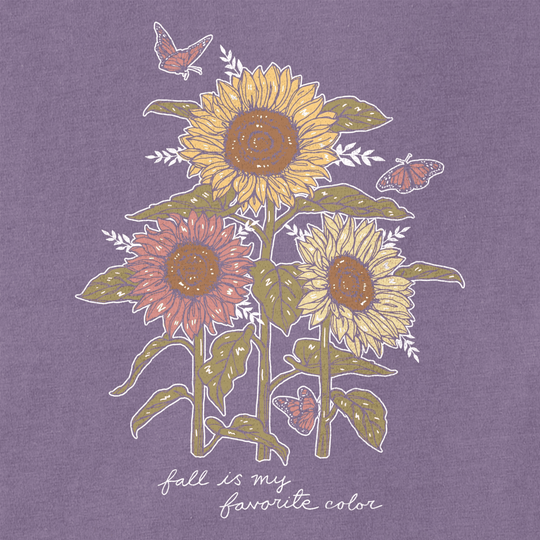 Purple T-shirt graphic with sunflowers, butterflies, and the text "fall is my favorite color"