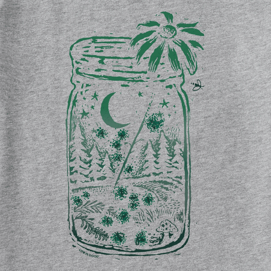 Heather gray T-shirt with a green mason jar graphic featuring a moon, flowers, trees, and mushrooms