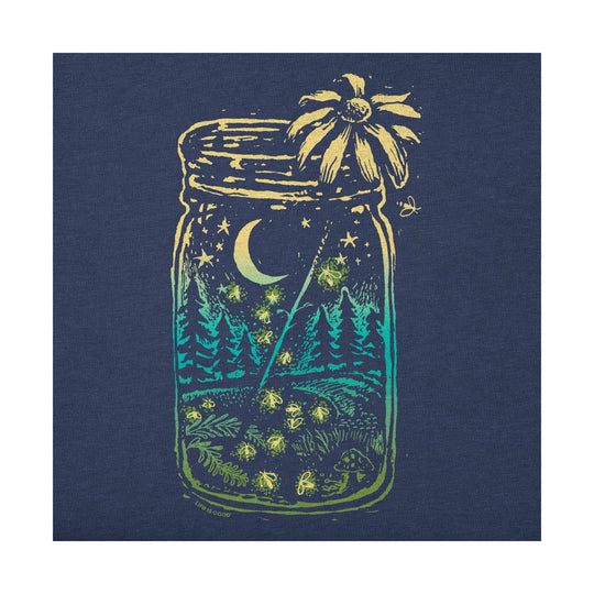 Navy short-sleeve T-shirt with a jar graphic filled with moon, stars, trees, and fireflies