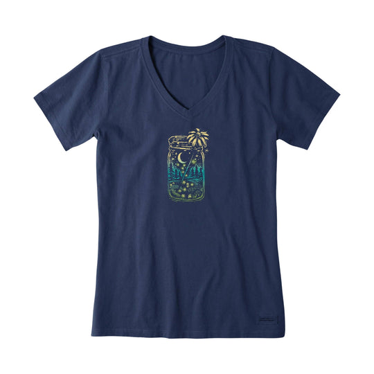 Navy V-neck T-shirt with a small firefly moon jar graphic on the chest