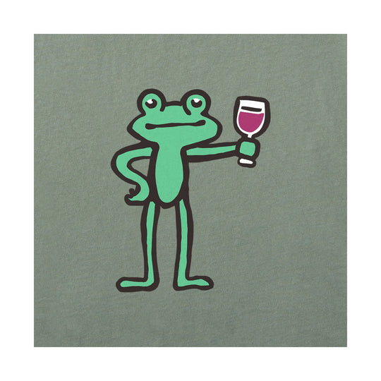 Frog holding a wine glass graphic on a moss green T-shirt
