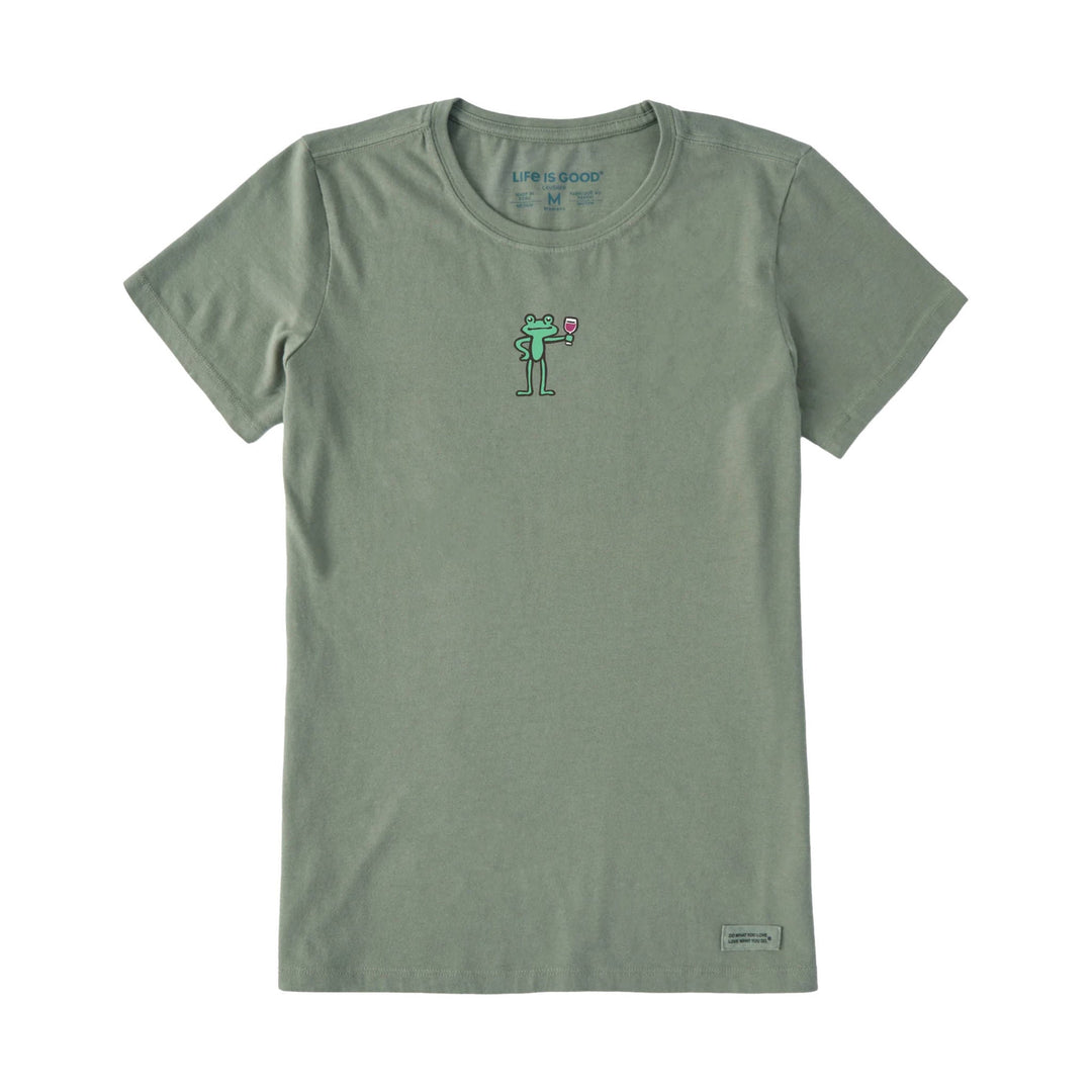 Moss green T-shirt with a small frog holding a wine glass on the chest