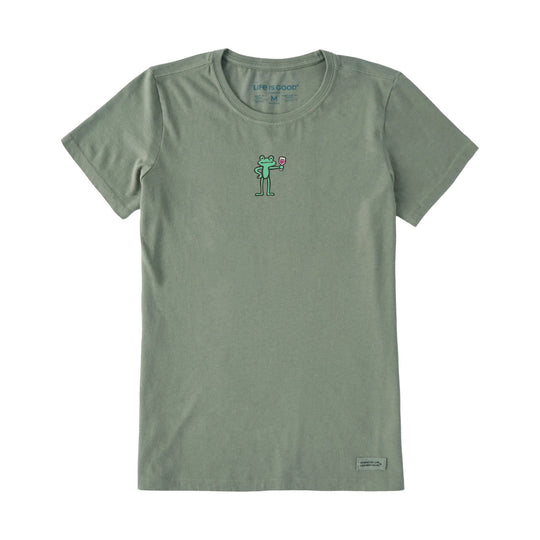 Moss green T-shirt with a small frog holding a wine glass on the chest