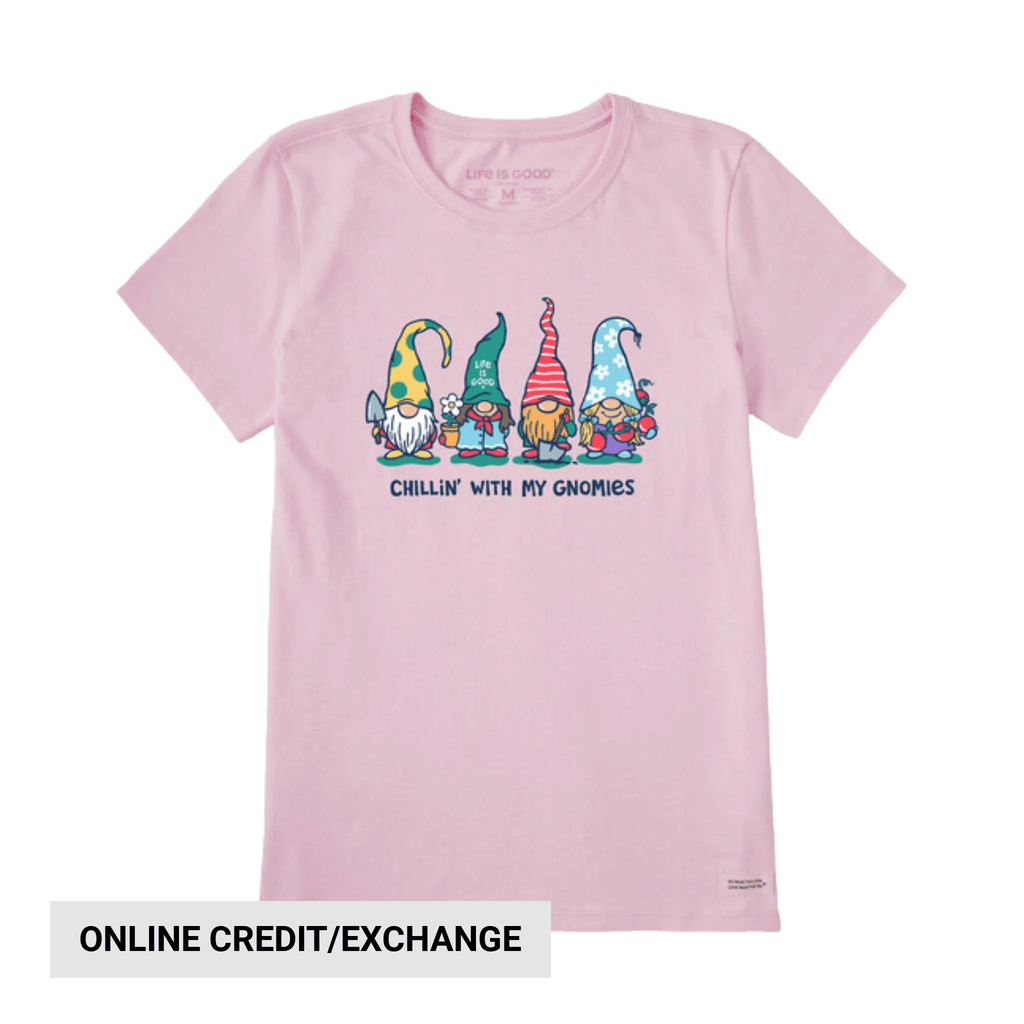 Life Is Good Women's Garden Gnomies Chillin' Short Sleeve Tee - Seashell Pink - Lenny's Shoe & Apparel
