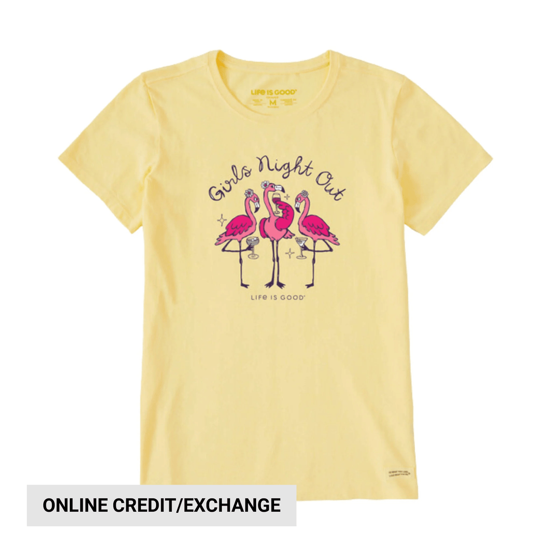 Yellow T-shirt with three pink flamingos and “Girls Night Out” text