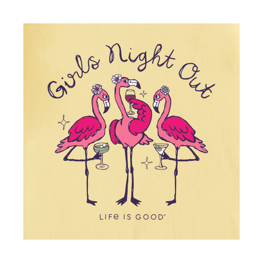 Yellow graphic T-shirt with three pink flamingos holding drinks and “Girls Night Out” text