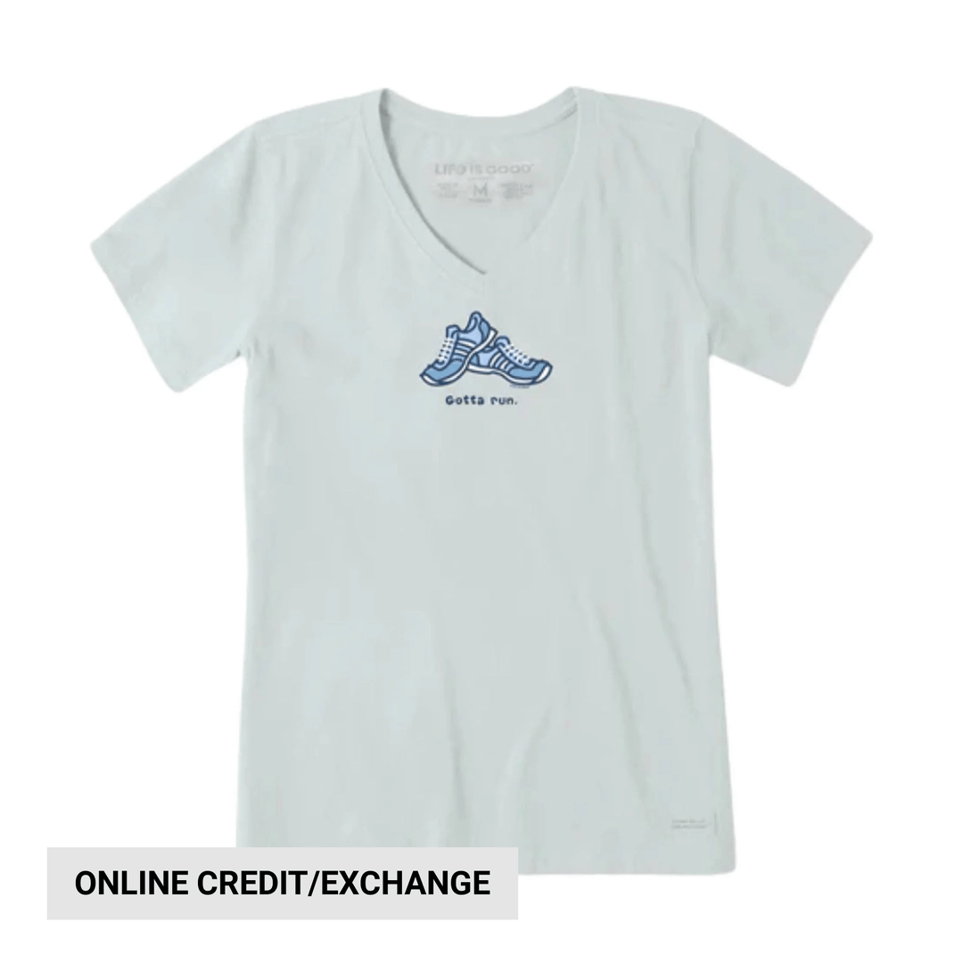 Light gray V-neck T-shirt with a blue running shoes graphic and the text "Gotta run."