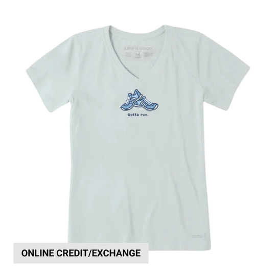 Light gray V-neck T-shirt with a blue running shoes graphic and the text "Gotta run."