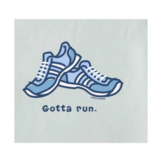Blue graphic tee with two running shoes and the text “Gotta run.”