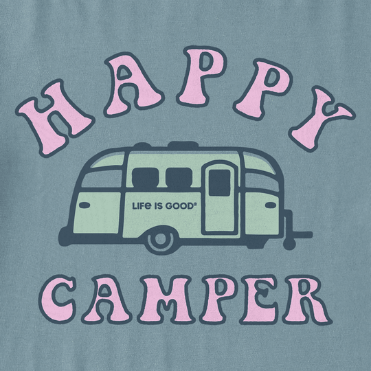 Long-sleeve shirt graphic with a camper trailer and the words Happy Camper