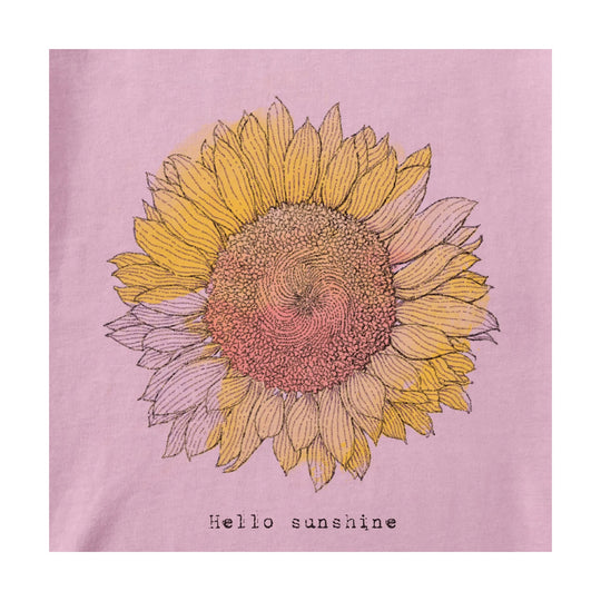 Pink long-sleeve shirt graphic with a yellow sunflower and the words “Hello sunshine”