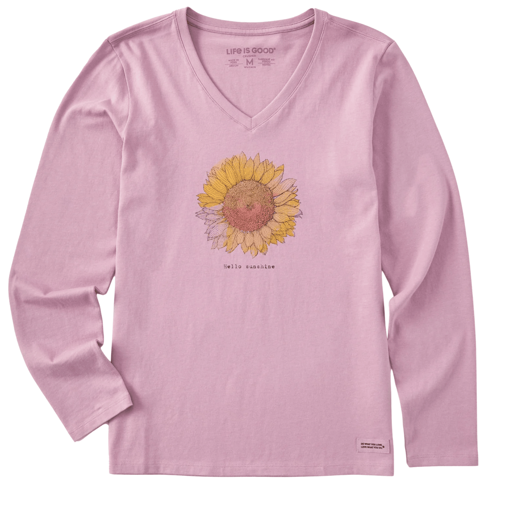 Life Is Good Women's Hello Sunshine Sunflower Long Sleeve Crusher Lite Vee - Violet Purple - Lenny's Shoe & Apparel