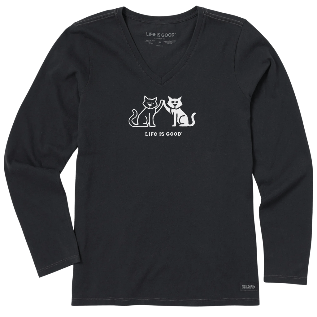 Life Is Good Women's High Five Cats Long Sleeve Crusher Lite Vee - Faded Black - Lenny's Shoe & Apparel