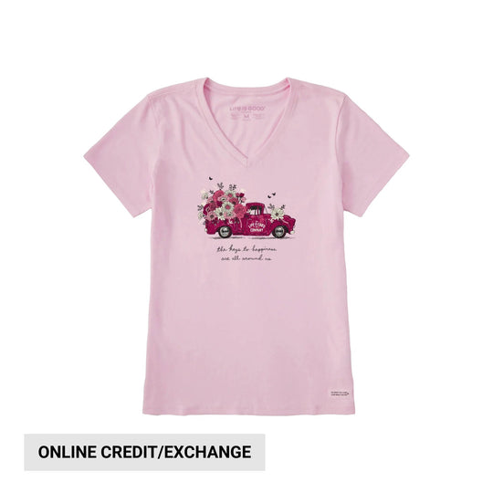 Light pink V-neck T-shirt with a floral pickup truck graphic and the text “the keys to happiness are all around us”