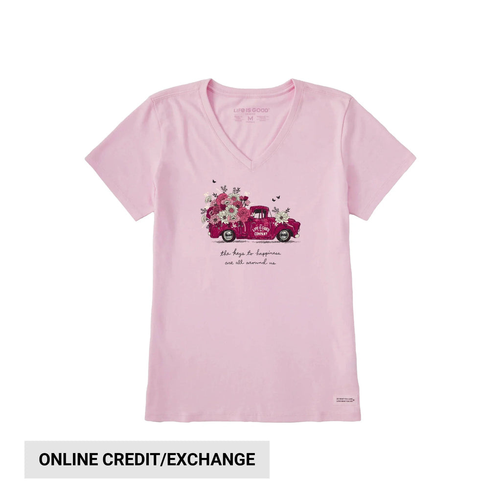 Life Is Good Women's Key To Happiness Floral Pickup Short Sleeve Crusher Vee - Seashell Pink - Lenny's Shoe & Apparel