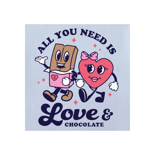 Graphic tee design with a candy bar and heart characters walking under the words “All You Need Is Love & Chocolate”