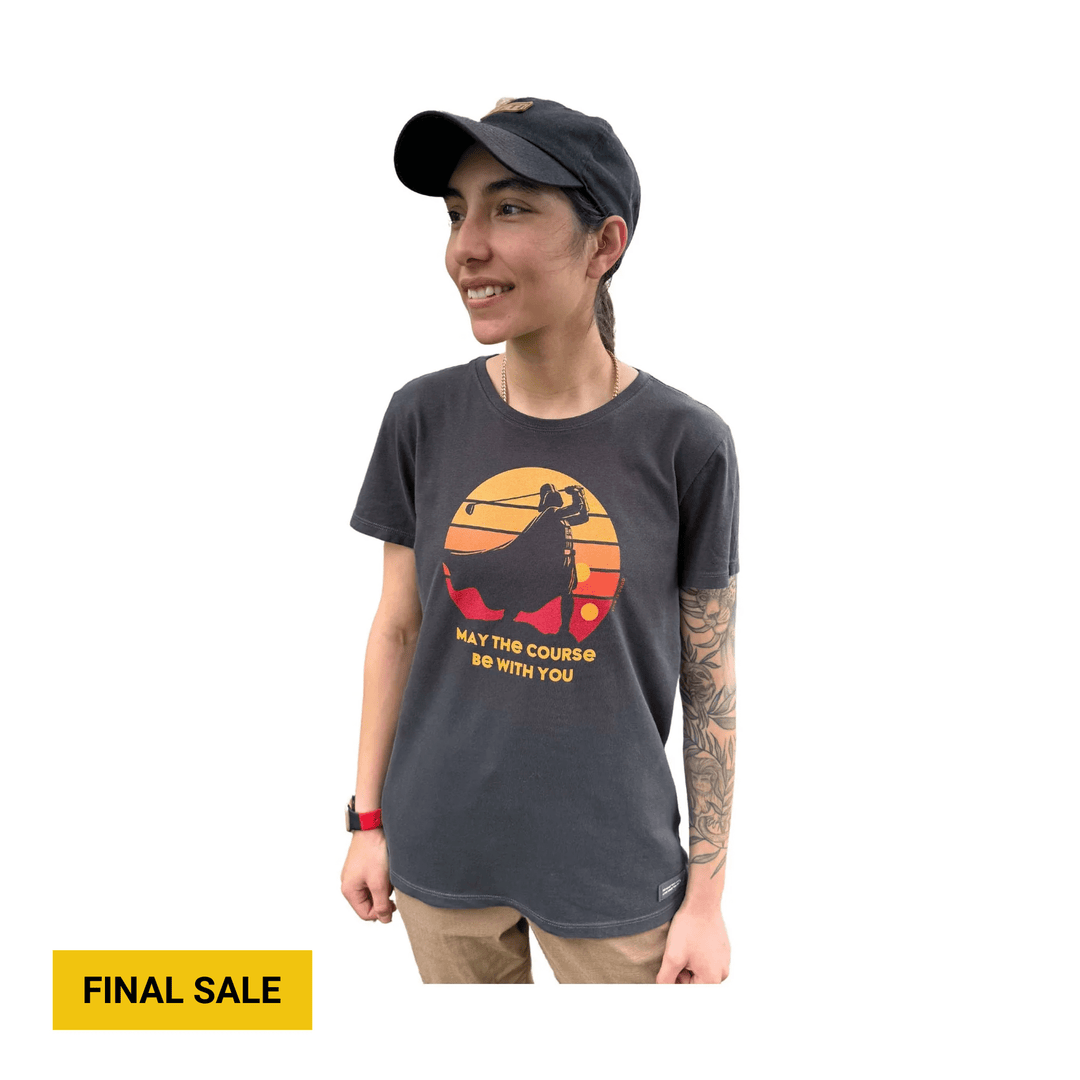 Black graphic T-shirt with a sunset golfer print and visible text.
