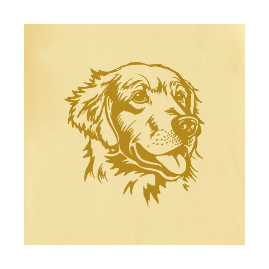 Golden retriever head graphic in gold on a pale yellow background
