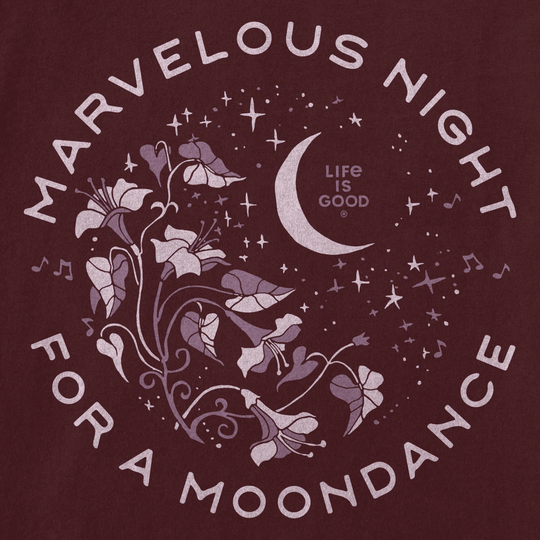Burgundy graphic T-shirt design with crescent moon, flowers, stars, and the text “MARA RVELOUS NIGHT” and “LIFE IS GOOD”
