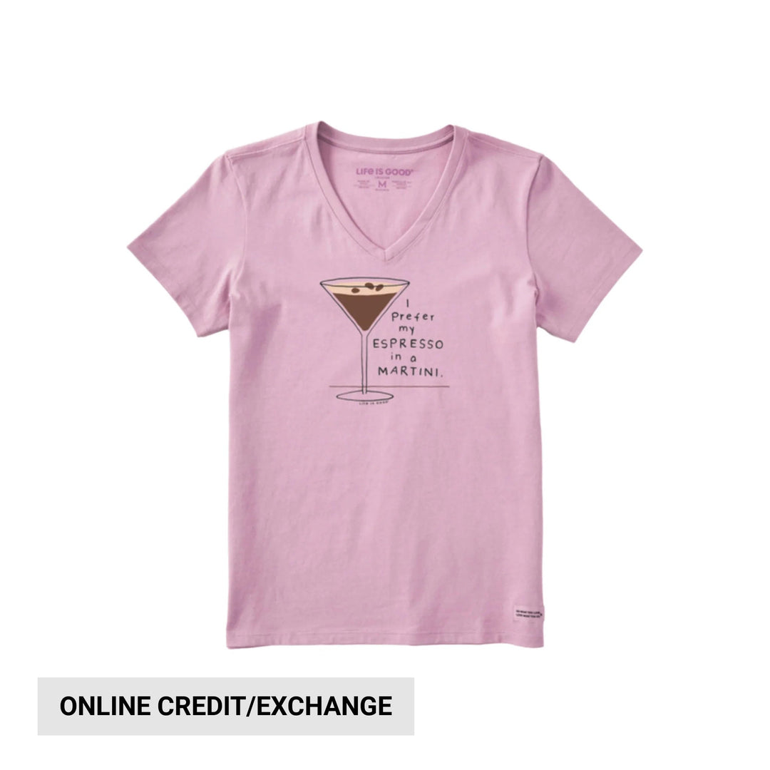 Pink V-neck T-shirt with a martini glass graphic and the text “I prefer my ESPRESSO in a MARTINI.”