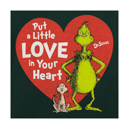 Grinch graphic with a red heart and the text "Put a Little Love in Your Heart"