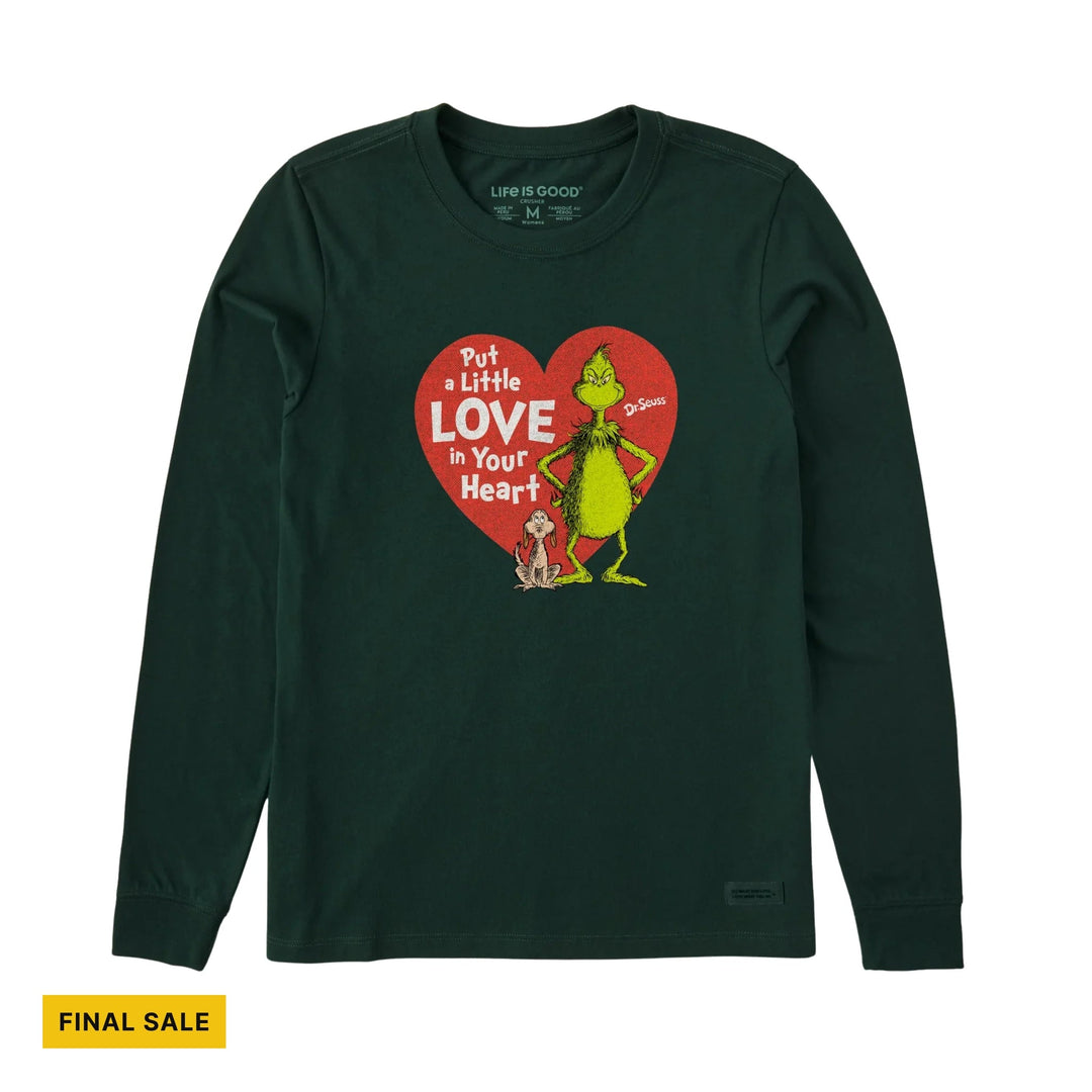 Dark green long-sleeve shirt with a red heart graphic and Grinch design, plus a yellow Final Sale tag