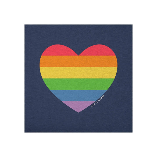 Navy T-shirt with a rainbow striped heart graphic and the text "Life is good."