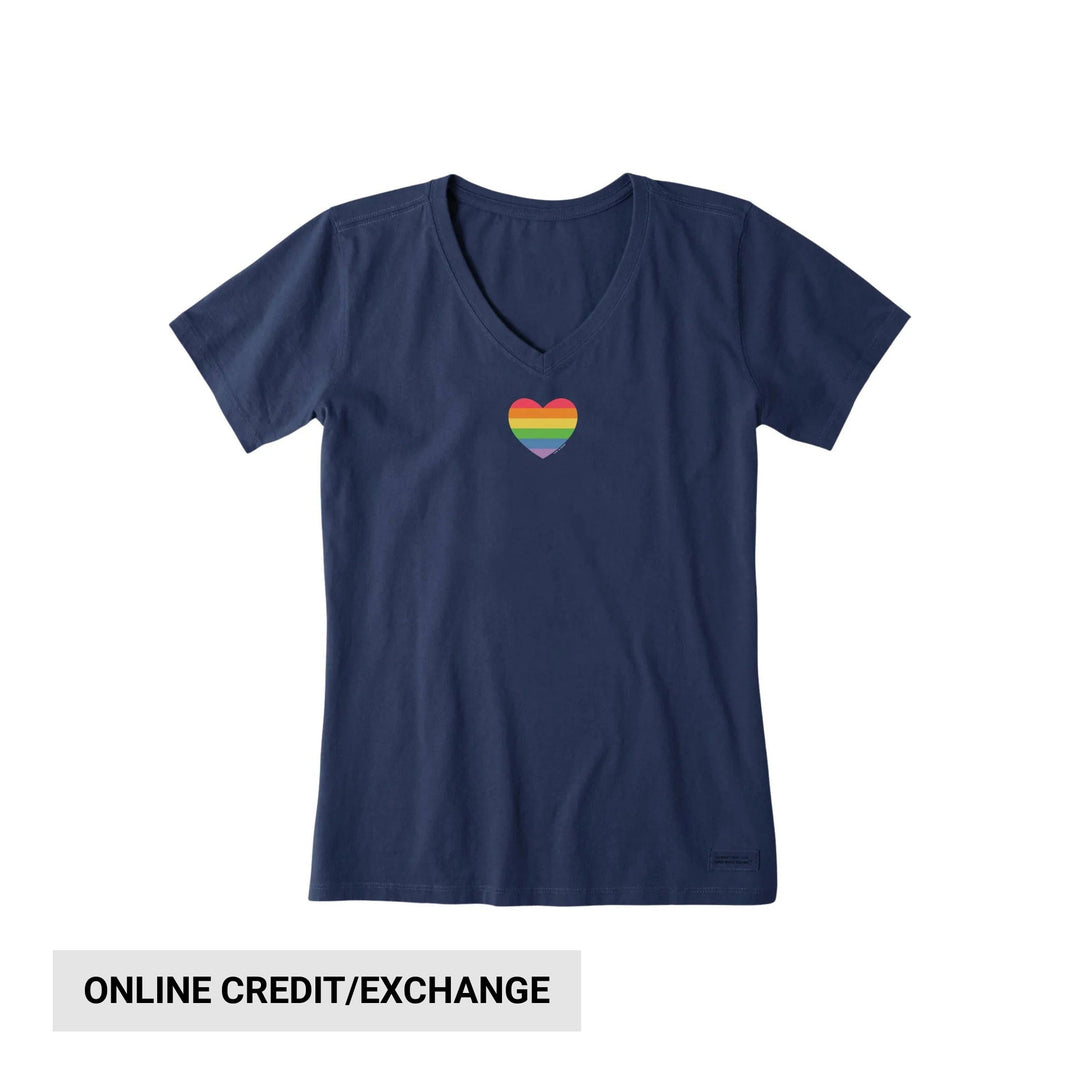 Navy V-neck T-shirt with a small rainbow heart graphic on the chest