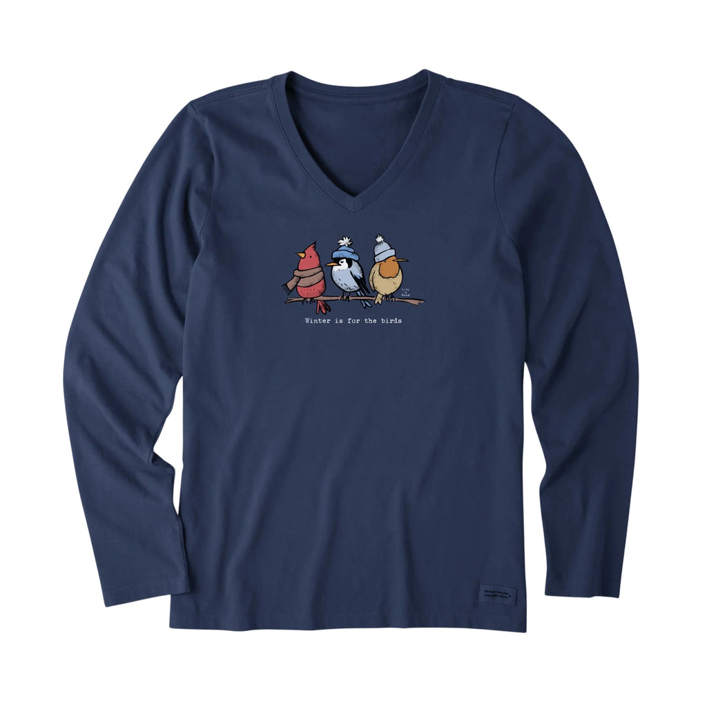 Life Is Good Women's Shady Winter Is For The Birds Long Sleeve Crusher Vee - Darkest Blue - Lenny's Shoe & Apparel