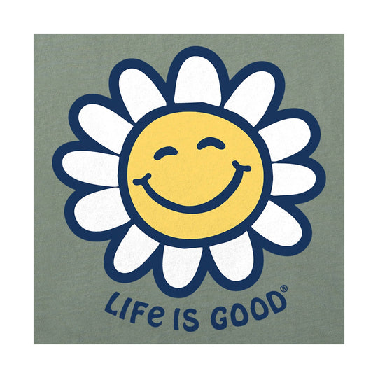 Green T-shirt with a large smiling daisy graphic and the words "LIFE IS GOOD"