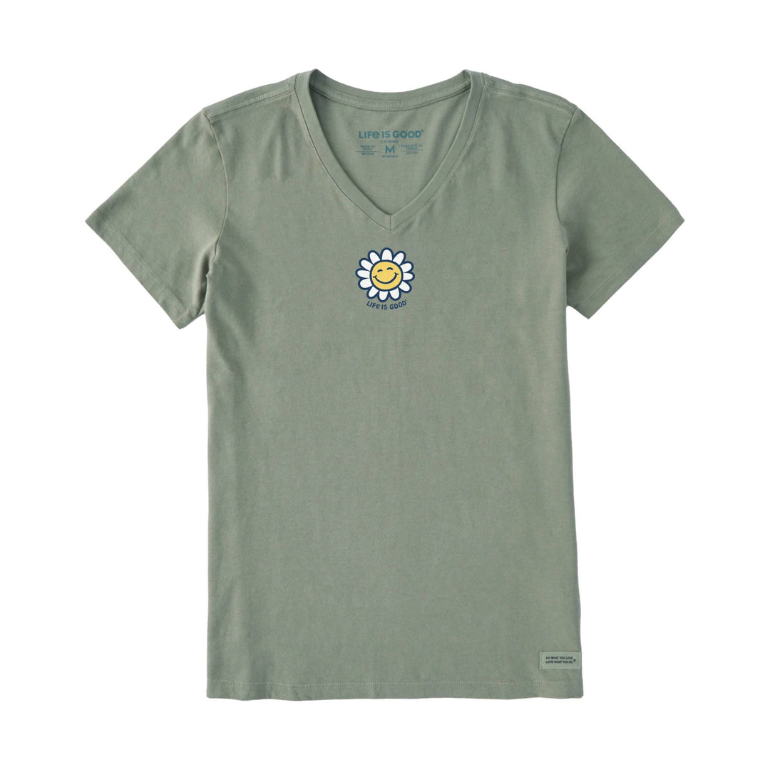 Moss green V-neck women’s T-shirt with a daisy smiley graphic on the chest