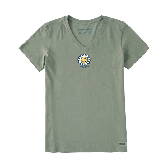 Moss green V-neck women’s T-shirt with a daisy smiley graphic on the chest