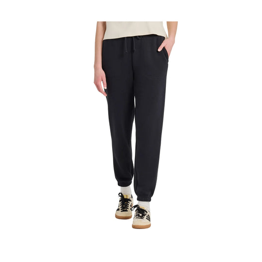 Black fleece jogger pants with drawstring waist and side pockets, worn with sneakers
