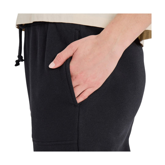Black fleece jogger pants with side pocket and drawstring waistband