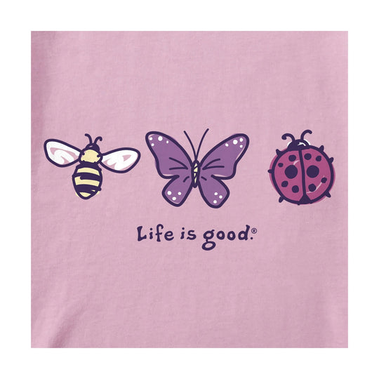 Pink T-shirt with a bee, butterfly, and ladybug graphic and the text "Life is good."