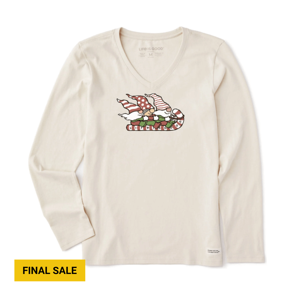 Life Is Good Women's Toboggan Ride Long Sleeve Crusher V Neck Tee - Putty White - Lenny's Shoe & Apparel