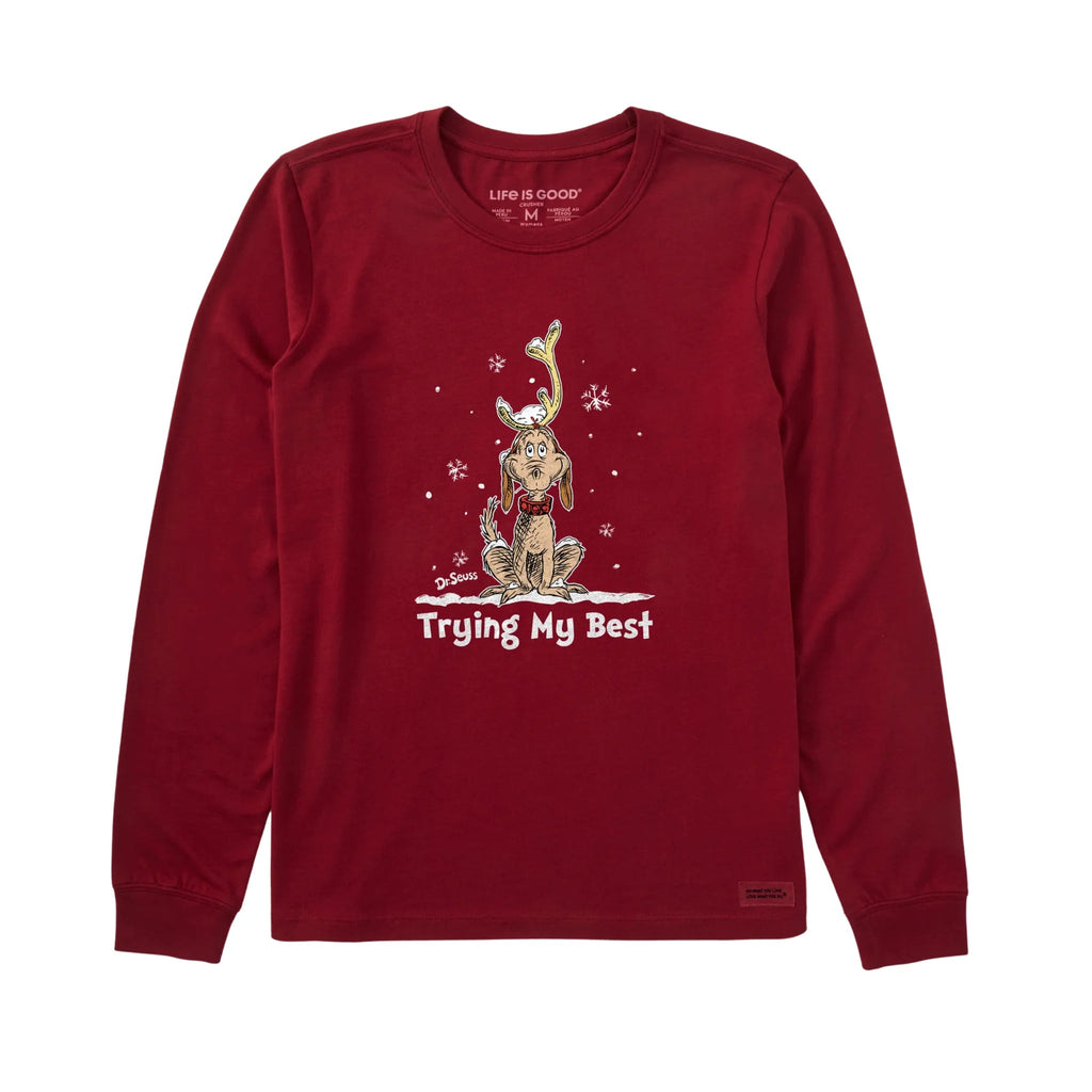 Life Is Good Women's Trying My Best Max Long Sleeve Crusher Tee - Adirondack Red - Lenny's Shoe & Apparel