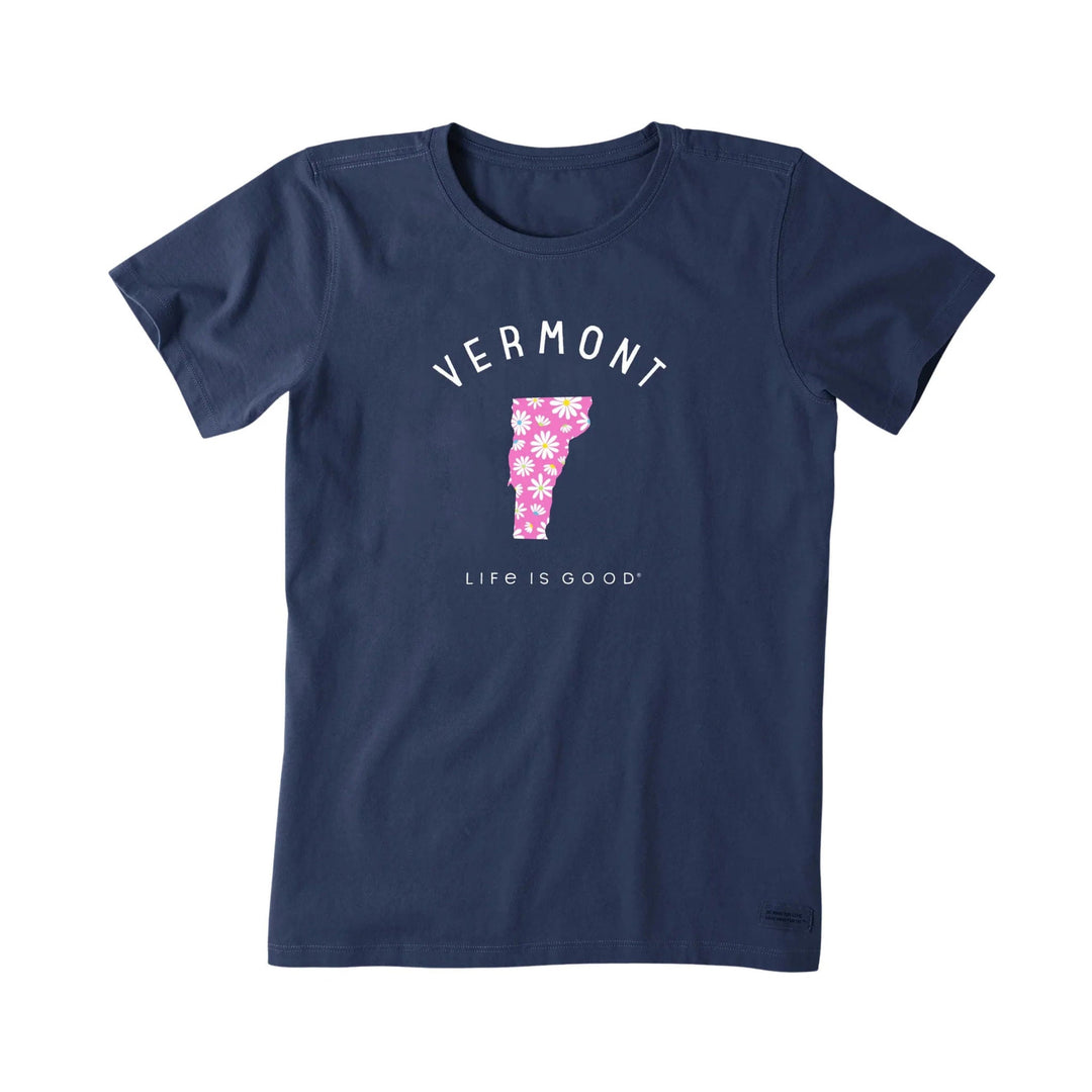 Navy short-sleeve T-shirt with curved VERMONT text and a pink Vermont graphic covered in daisies