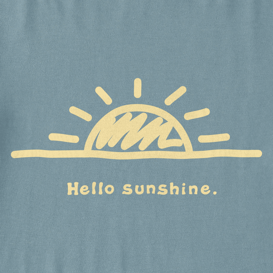 Blue shirt with a yellow sunrise graphic and the words "Hello Sunshine."