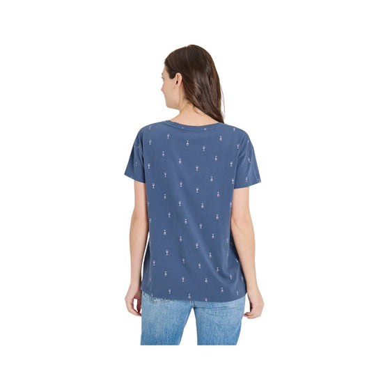 Blue short-sleeve T-shirt with tiny wine glass pattern, shown from the back