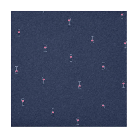 Dark navy shirt fabric with small pink wine glass pattern