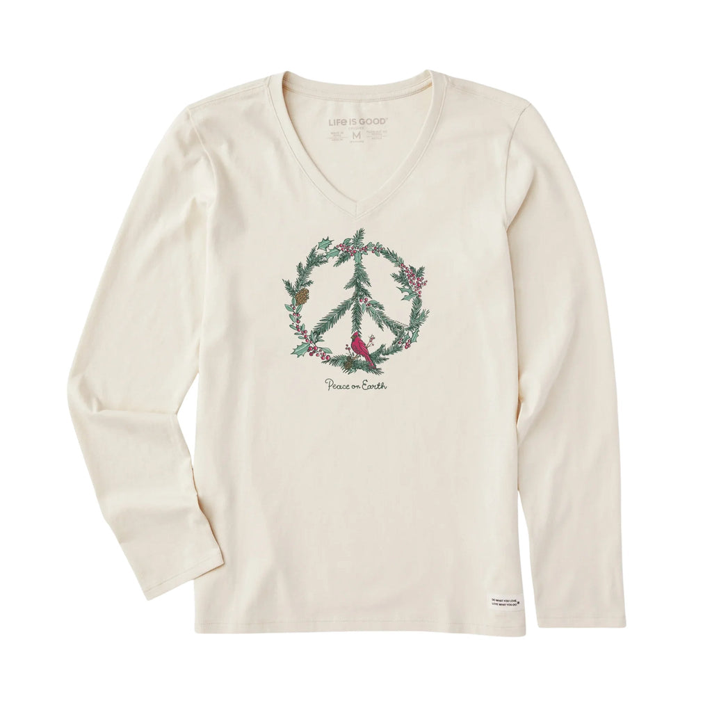 Life Is Good Women's Winter Pines Peace On Earth Long Sleeve Crusher Lite Vee - Putty White - Lenny's Shoe & Apparel