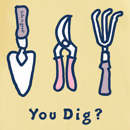 Three garden tools with navy outlines on a sandy yellow background, with “You Dig?” at the bottom