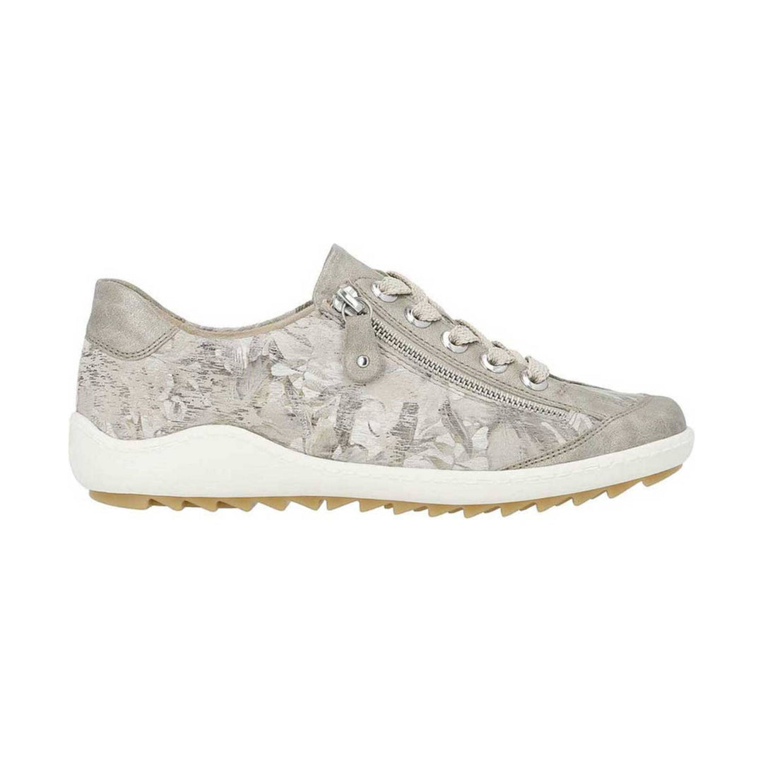 Light beige low-top casual sneaker with floral pattern, side zipper, and white sole