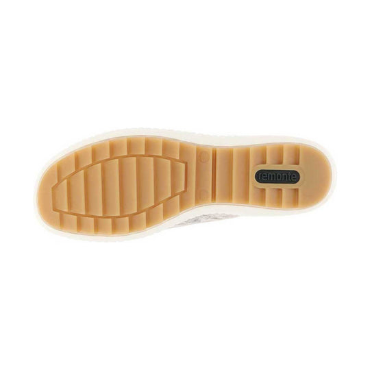 Tan shoe outsole with grooved tread and remonte logo