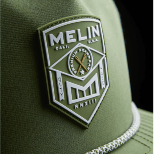 Olive green cap patch with MELIN, CALI., U.S.A., and PREMIUM HEADWEAR text