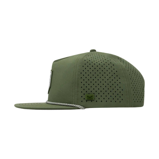Olive green perforated snapback cap with flat brim and patterned rope trim