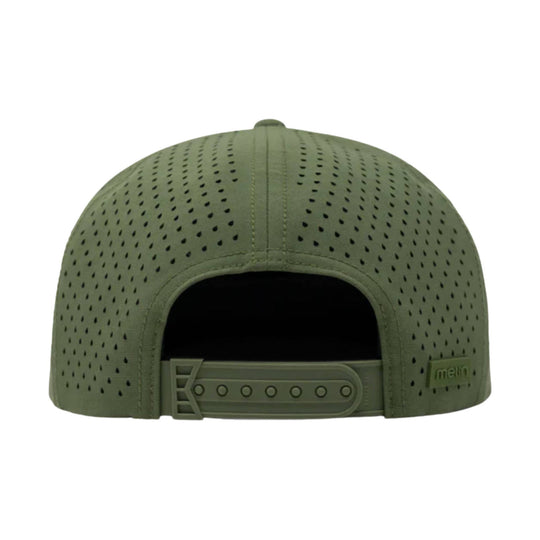 Olive perforated snapback cap shown from the back