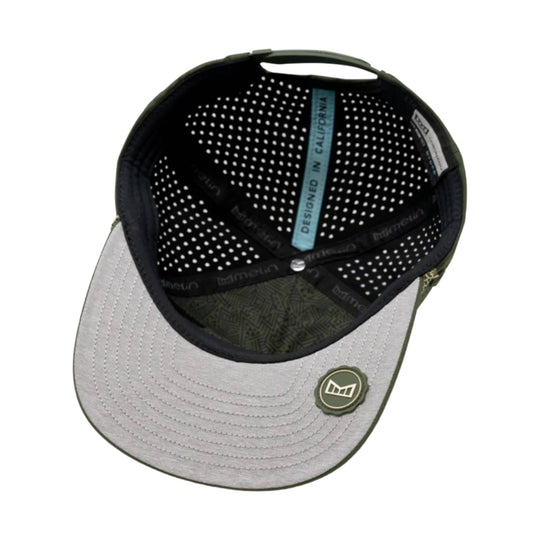 Gray-and-olive baseball cap shown inside out, with a dotted black sweatband and curved brim